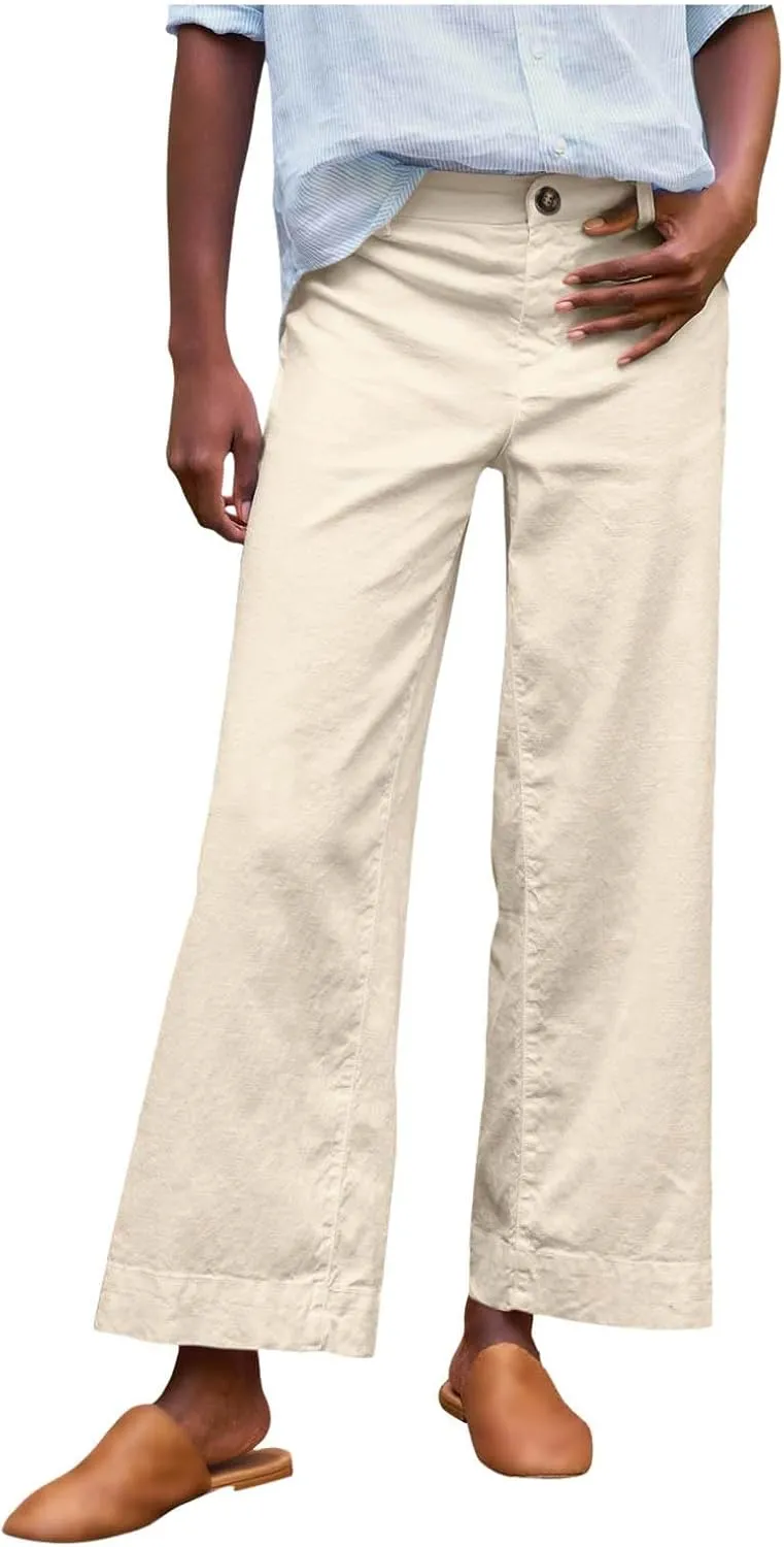 PTOLOCIF Cotton Linen Pants Women,Cotton Linen Palazzo Pants Drawstring Elastic Waist Beach Pants Wide Leg Dress Pants
