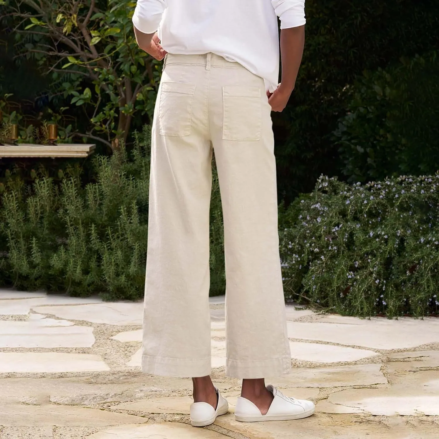 PTOLOCIF Cotton Linen Pants Women,Cotton Linen Palazzo Pants Drawstring Elastic Waist Beach Pants Wide Leg Dress Pants