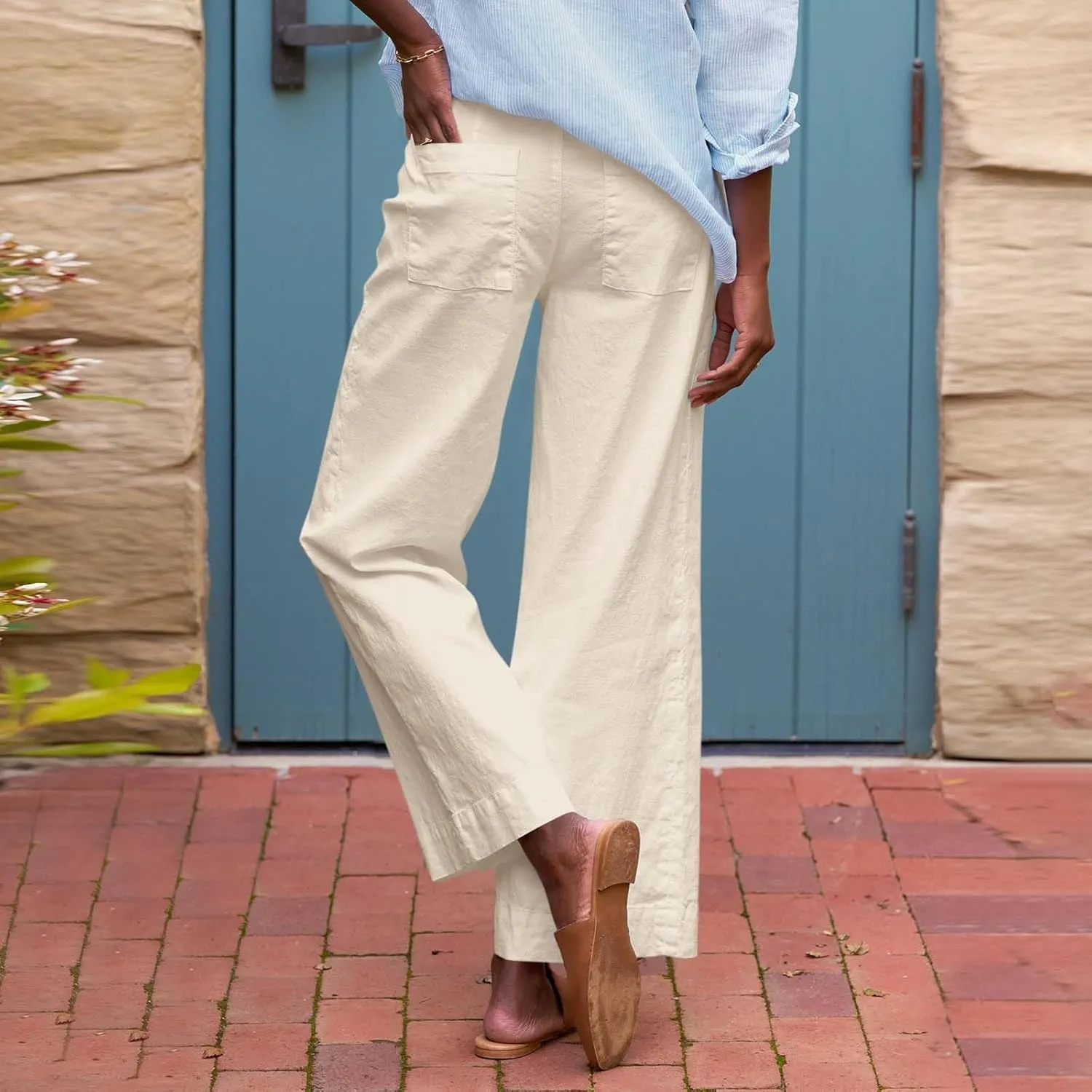 PTOLOCIF Cotton Linen Pants Women,Cotton Linen Palazzo Pants Drawstring Elastic Waist Beach Pants Wide Leg Dress Pants
