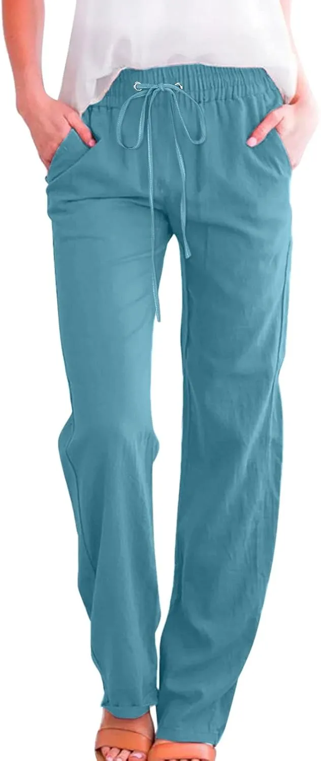 PTOLOCIF Flowy Pants for Women,Casual Cotton Linen Pants Lightweight Summer Pants Loose Fit Elastic Waist Lounge Pants