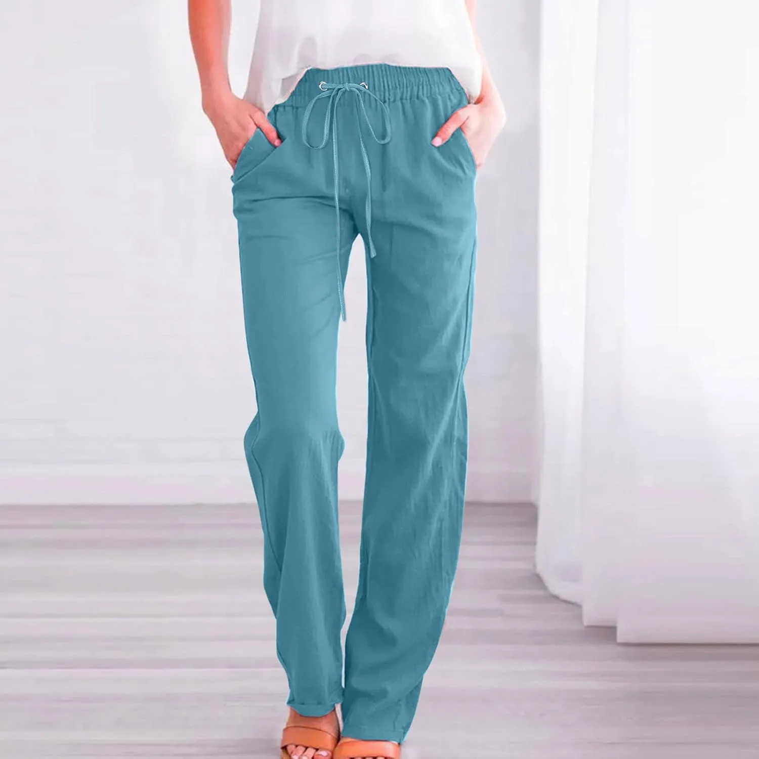 PTOLOCIF Flowy Pants for Women,Casual Cotton Linen Pants Lightweight Summer Pants Loose Fit Elastic Waist Lounge Pants