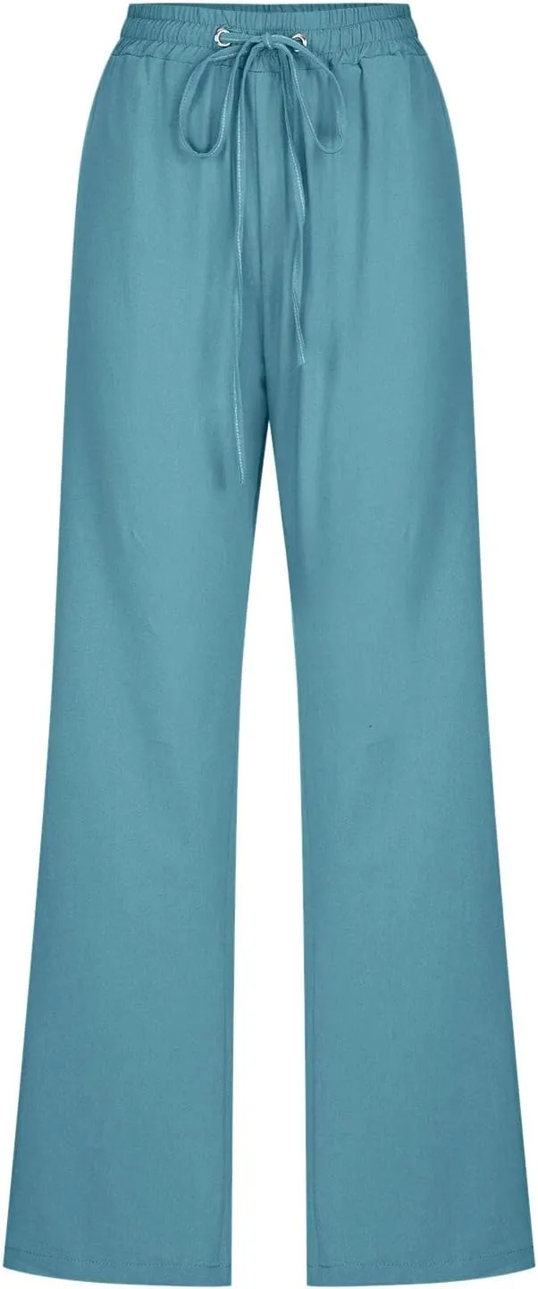 PTOLOCIF Flowy Pants for Women,Casual Cotton Linen Pants Lightweight Summer Pants Loose Fit Elastic Waist Lounge Pants