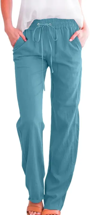 PTOLOCIF Flowy Pants for Women,Casual Cotton Linen Pants Lightweight Summer Pants Loose Fit Elastic Waist Lounge Pants