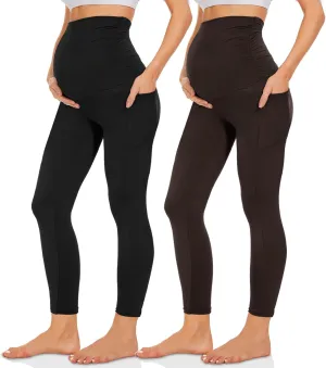 QGGQDD 2 Pack Maternity Leggings Over The Belly with Pockets, Womens Black High Waisted Workout Pregnancy Pants