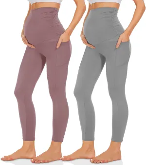 QGGQDD 2 Pack Maternity Leggings Over The Belly with Pockets, Womens Black High Waisted Workout Pregnancy Pants