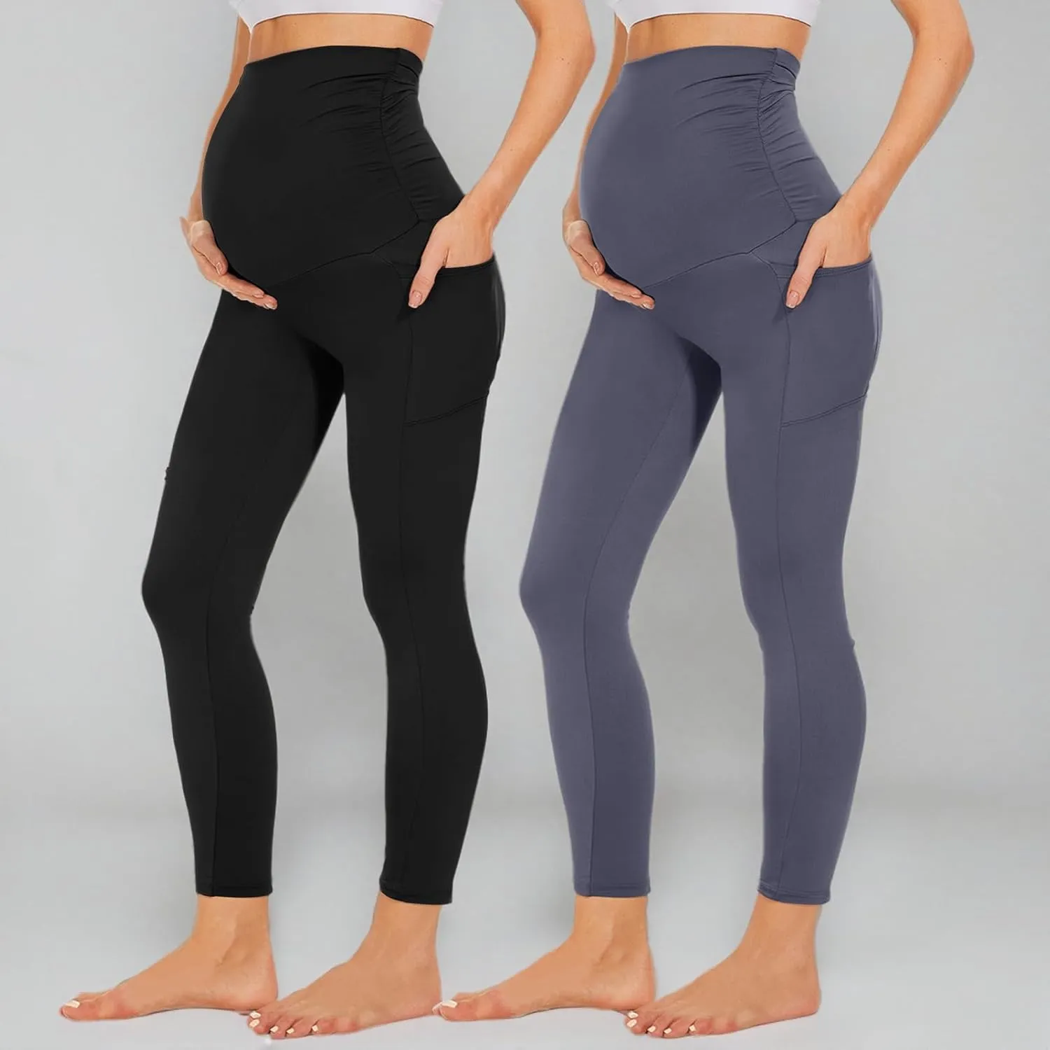 QGGQDD 2 Pack Maternity Leggings Over The Belly with Pockets, Womens Black High Waisted Workout Pregnancy Pants