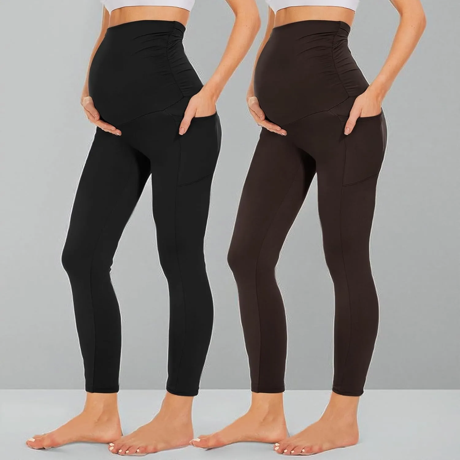 QGGQDD 2 Pack Maternity Leggings Over The Belly with Pockets, Womens Black High Waisted Workout Pregnancy Pants