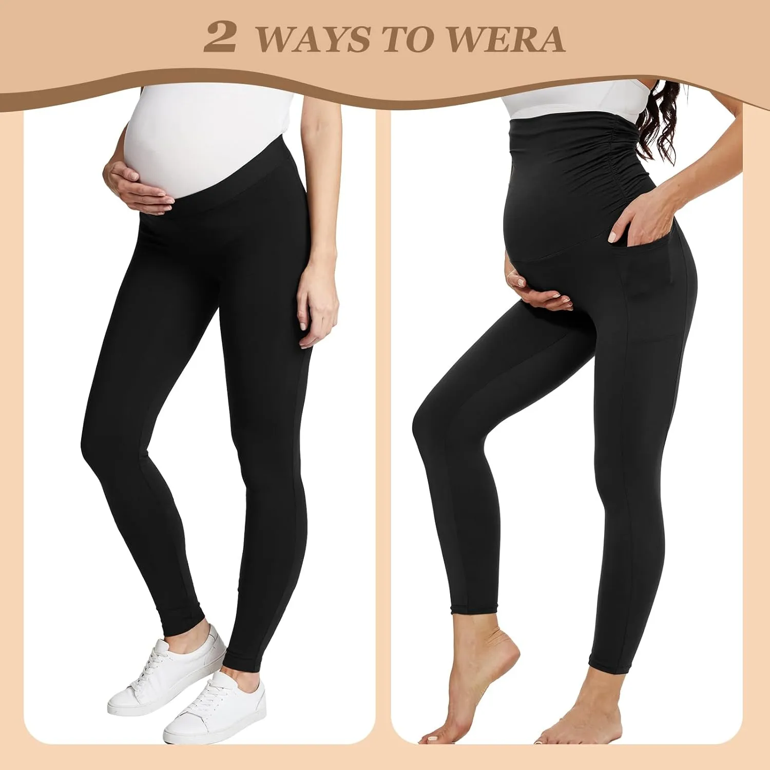QGGQDD 2 Pack Maternity Leggings Over The Belly with Pockets, Womens Black High Waisted Workout Pregnancy Pants