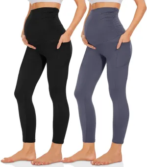 QGGQDD 2 Pack Maternity Leggings Over The Belly with Pockets, Womens Black High Waisted Workout Pregnancy Pants