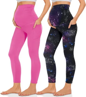 QGGQDD 2 Pack Maternity Leggings Over The Belly with Pockets, Womens Black High Waisted Workout Pregnancy Pants