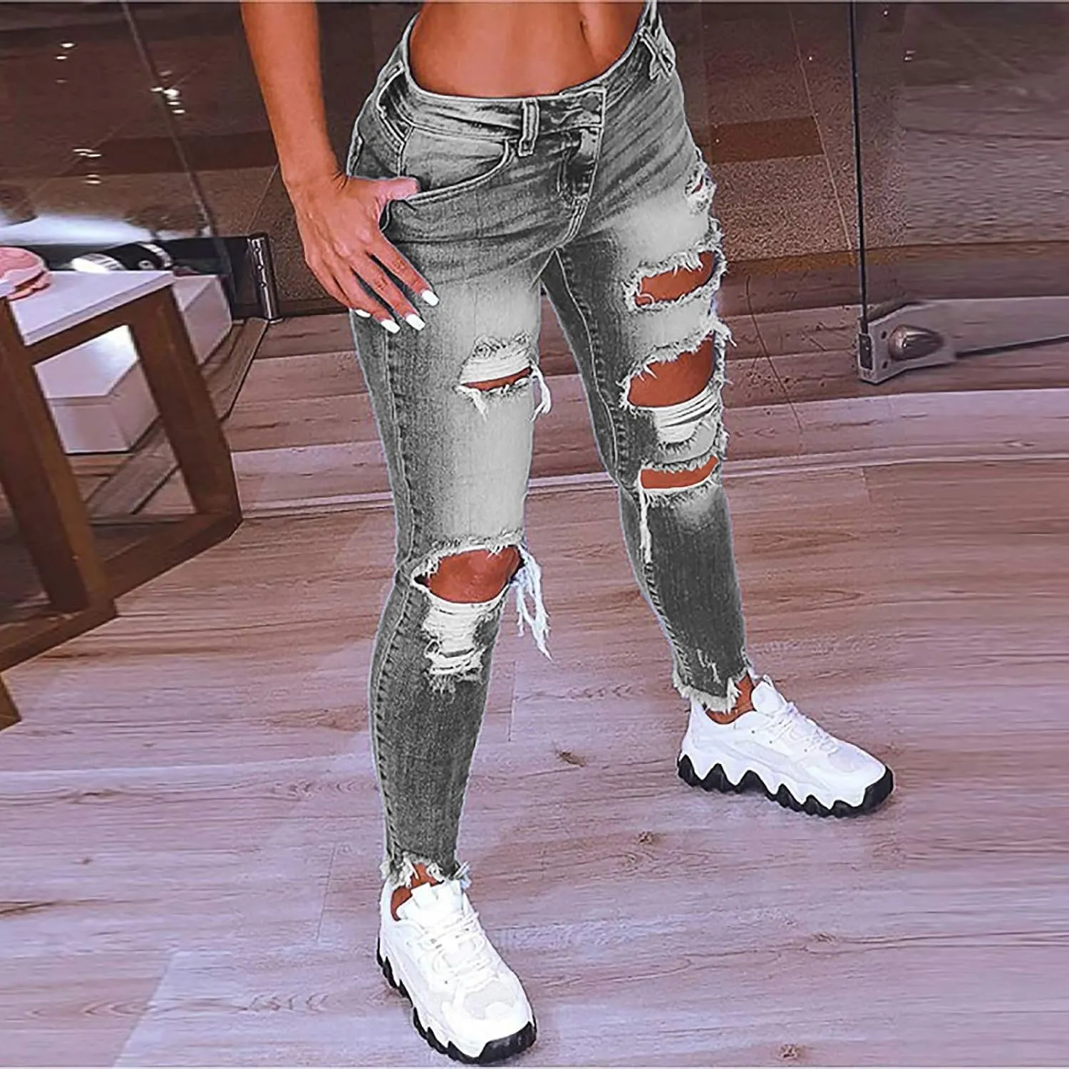 Ripped Boyfriend Jeans Cute Distressed Jeans Stretch Skinny Jeans Destroyed Pull On Denim Pants with Hole