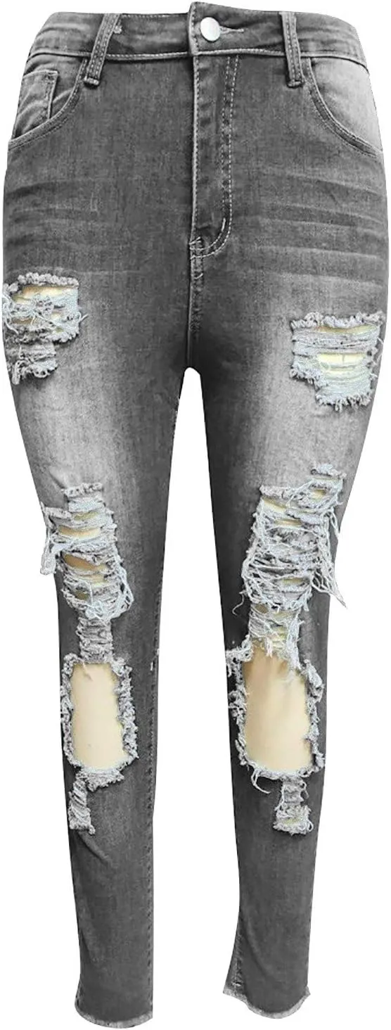 Ripped Boyfriend Jeans Cute Distressed Jeans Stretch Skinny Jeans Destroyed Pull On Denim Pants with Hole