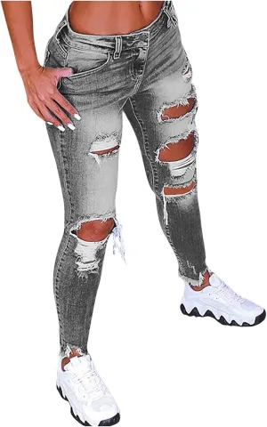 Ripped Boyfriend Jeans Cute Distressed Jeans Stretch Skinny Jeans Destroyed Pull On Denim Pants with Hole