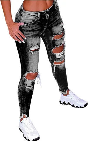 Ripped Boyfriend Jeans Cute Distressed Jeans Stretch Skinny Jeans Destroyed Pull On Denim Pants with Hole