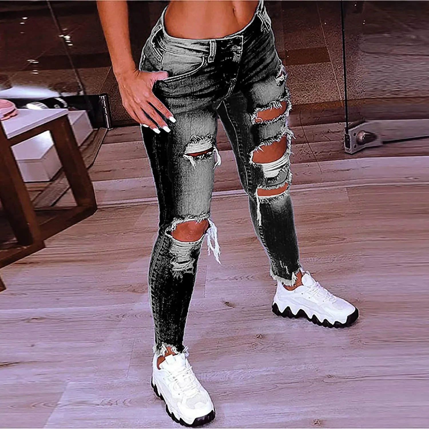 Ripped Boyfriend Jeans Cute Distressed Jeans Stretch Skinny Jeans Destroyed Pull On Denim Pants with Hole