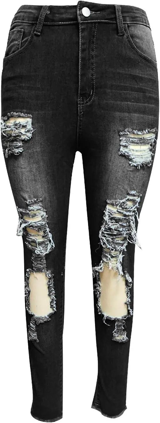Ripped Boyfriend Jeans Cute Distressed Jeans Stretch Skinny Jeans Destroyed Pull On Denim Pants with Hole