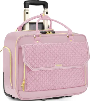 Rolling Laptop Bag for Women, 17.3 Inch Rolling Briefcase with Telescopic Extendable Handle, Work Bags with Wheels, Roller Computer Bag for Teacher, Pink