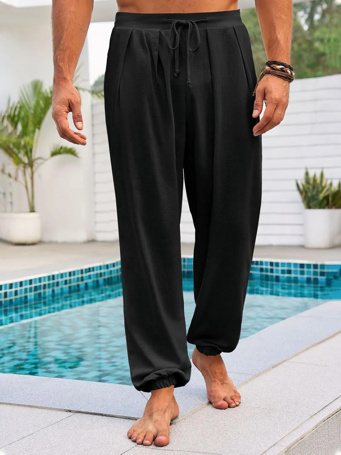 Runcati Mens Casual Pants Elastic Waist Linen Drawstring Pleated Lightweight Joggers Loose Fit Summer Beach Yoga Trousers
