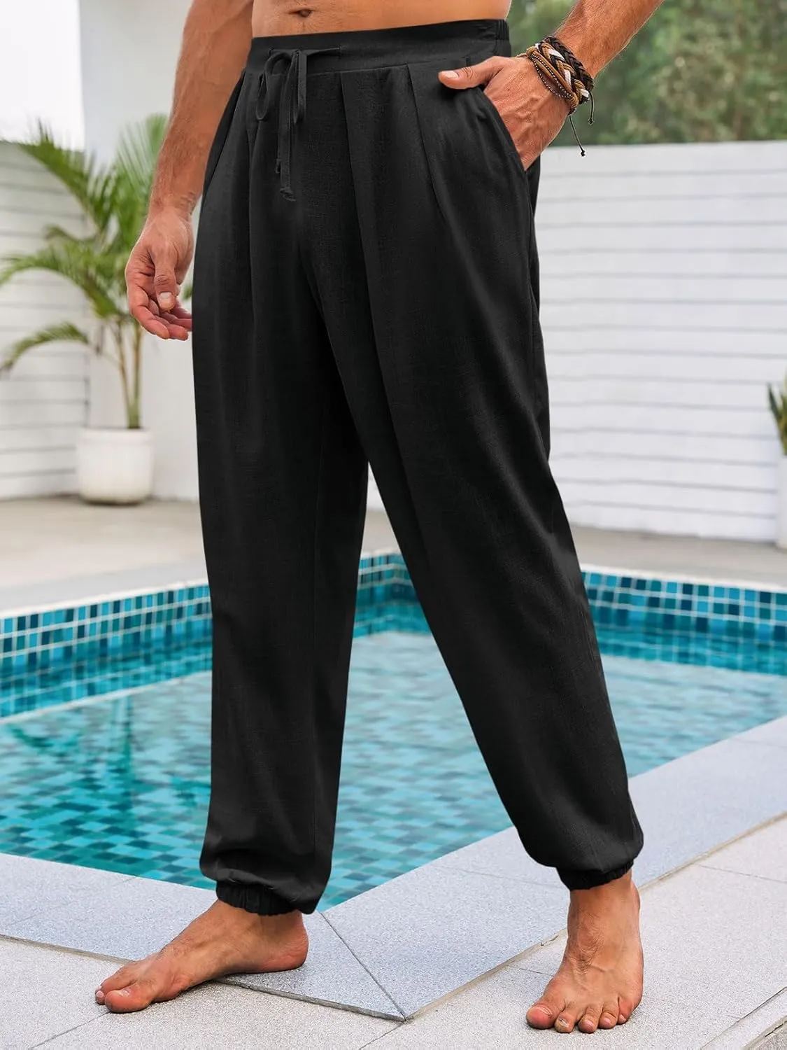 Runcati Mens Casual Pants Elastic Waist Linen Drawstring Pleated Lightweight Joggers Loose Fit Summer Beach Yoga Trousers