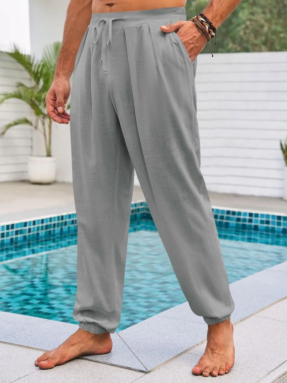 Runcati Mens Casual Pants Elastic Waist Linen Drawstring Pleated Lightweight Joggers Loose Fit Summer Beach Yoga Trousers