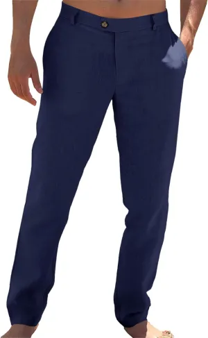 Runcati Mens Casual Pants Elastic Waist Linen Lightweight Straight-Legs Loose Fit Summer Beach Yoga Trousers