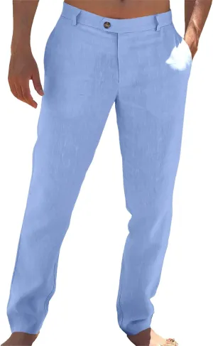 Runcati Mens Casual Pants Elastic Waist Linen Lightweight Straight-Legs Loose Fit Summer Beach Yoga Trousers
