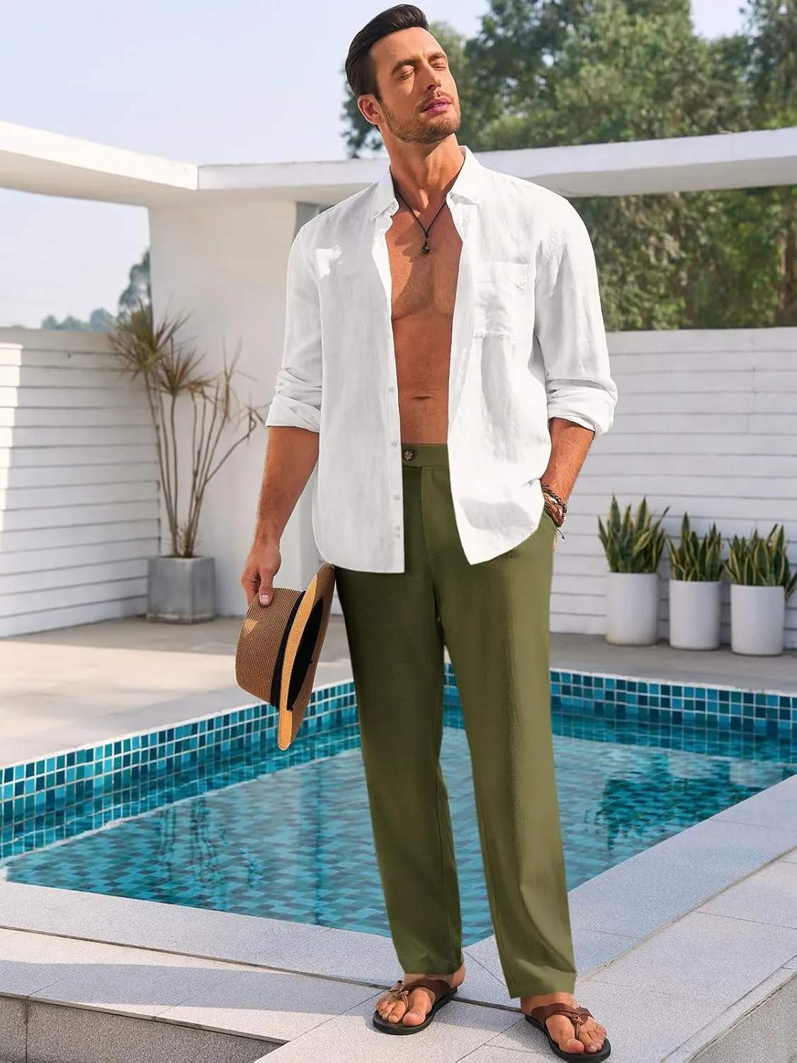 Runcati Mens Casual Pants Elastic Waist Linen Lightweight Straight-Legs Loose Fit Summer Beach Yoga Trousers
