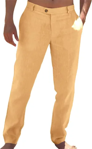 Runcati Mens Casual Pants Elastic Waist Linen Lightweight Straight-Legs Loose Fit Summer Beach Yoga Trousers
