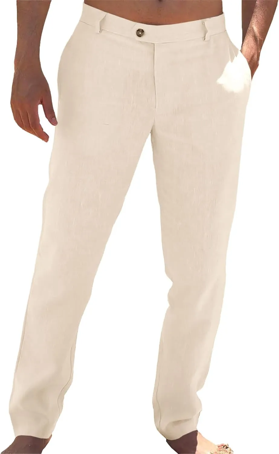 Runcati Mens Casual Pants Elastic Waist Linen Lightweight Straight-Legs Loose Fit Summer Beach Yoga Trousers