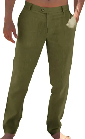 Runcati Mens Casual Pants Elastic Waist Linen Lightweight Straight-Legs Loose Fit Summer Beach Yoga Trousers