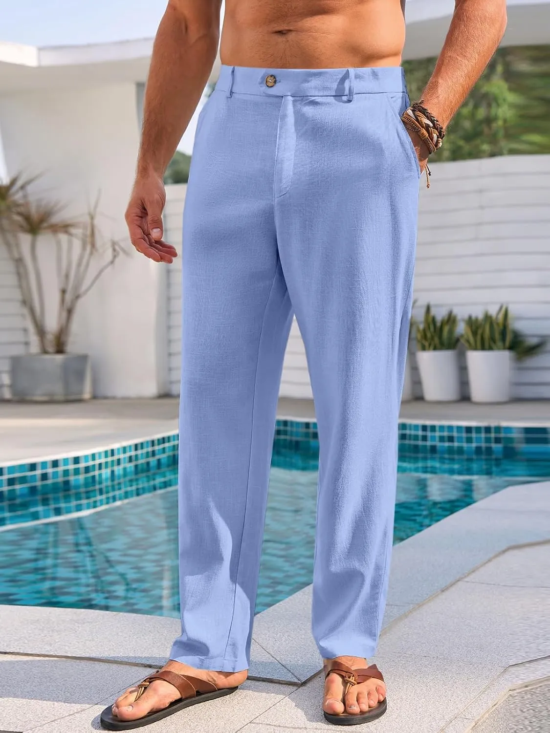 Runcati Mens Casual Pants Elastic Waist Linen Lightweight Straight-Legs Loose Fit Summer Beach Yoga Trousers