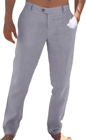 Runcati Mens Casual Pants Elastic Waist Linen Lightweight Straight-Legs Loose Fit Summer Beach Yoga Trousers