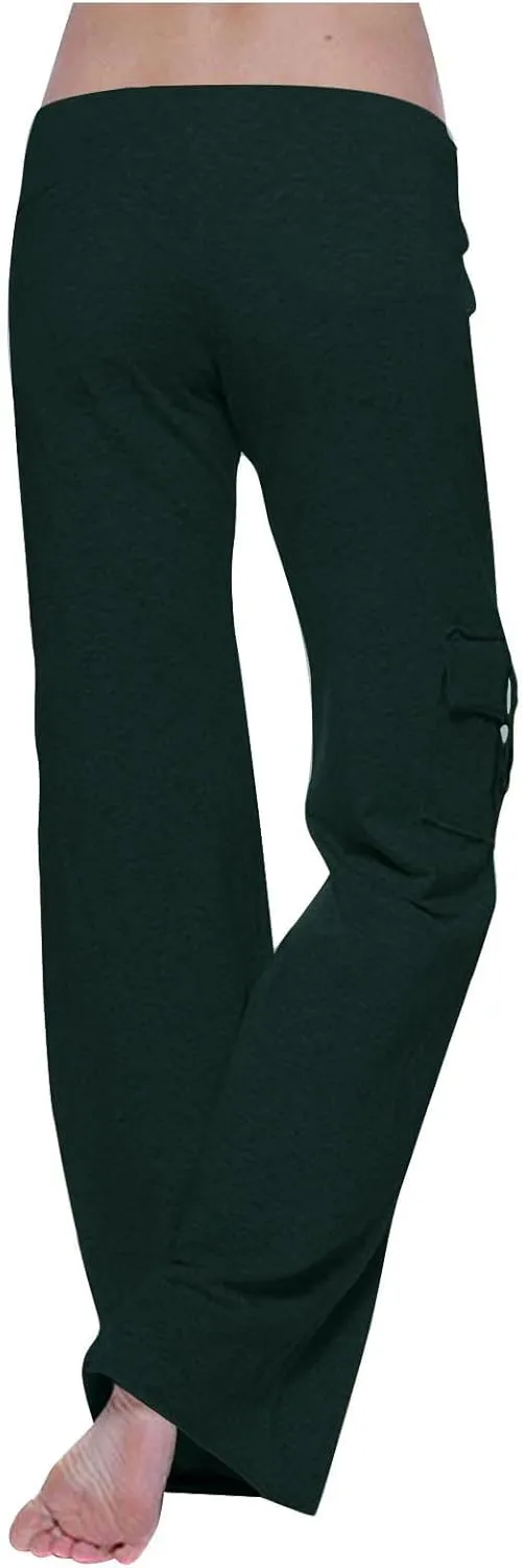 Ruziyoog Womens Cargo Pants Drawstring Waist Loose Fit Flare Trousers with Pockets Casual Lounge Wear Sweatpants