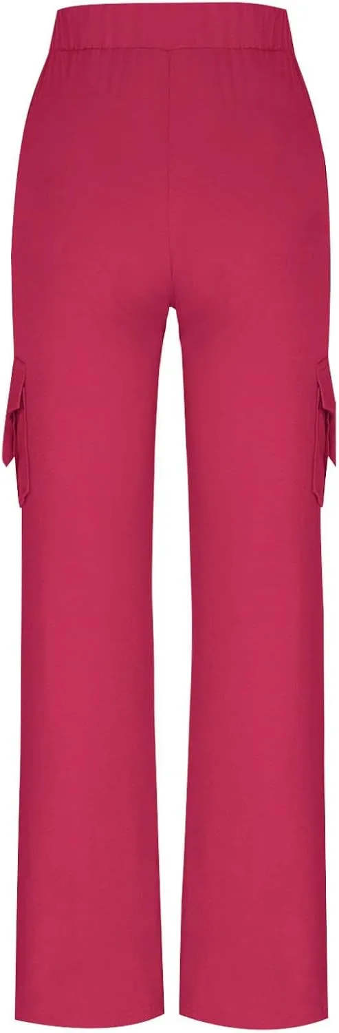 Ruziyoog Womens Cargo Pants Drawstring Waist Loose Fit Flare Trousers with Pockets Casual Lounge Wear Sweatpants
