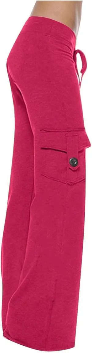 Ruziyoog Womens Cargo Pants Drawstring Waist Loose Fit Flare Trousers with Pockets Casual Lounge Wear Sweatpants