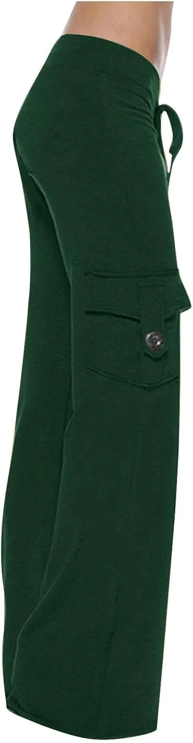 Ruziyoog Womens Cargo Pants Drawstring Waist Loose Fit Flare Trousers with Pockets Casual Lounge Wear Sweatpants