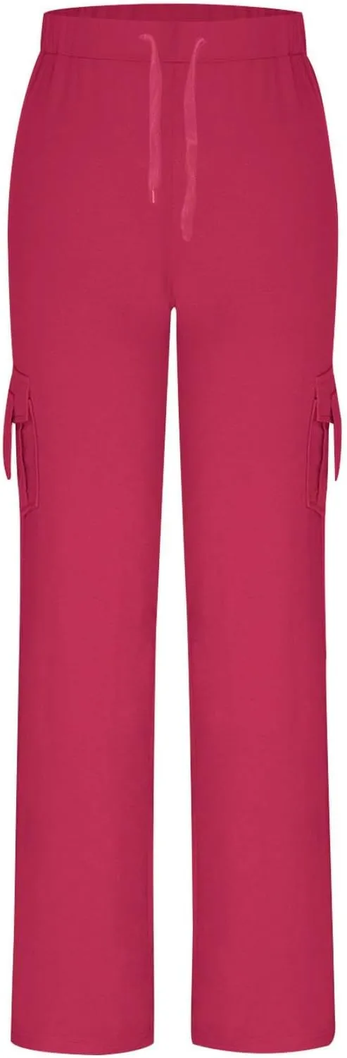 Ruziyoog Womens Cargo Pants Drawstring Waist Loose Fit Flare Trousers with Pockets Casual Lounge Wear Sweatpants