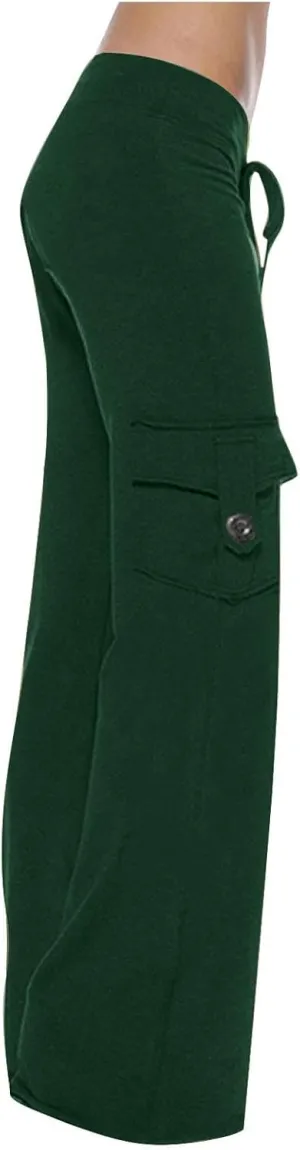 Ruziyoog Womens Cargo Pants Drawstring Waist Loose Fit Flare Trousers with Pockets Casual Lounge Wear Sweatpants