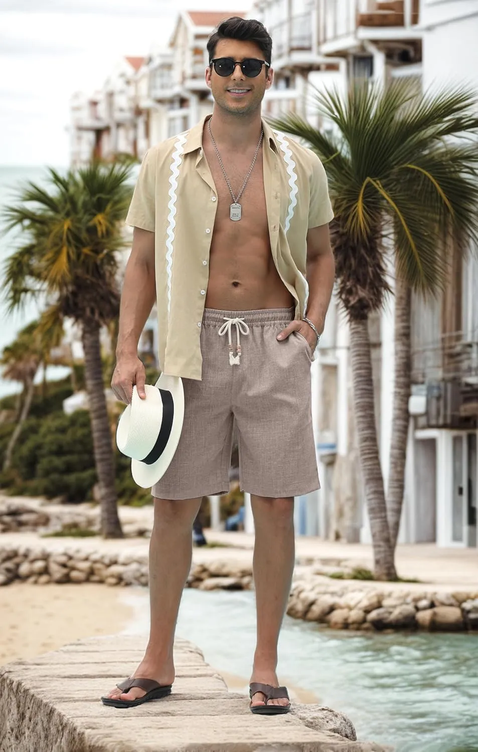 Sailwind Mens Linen Shorts Casual Drawstring Summer Beach Shorts