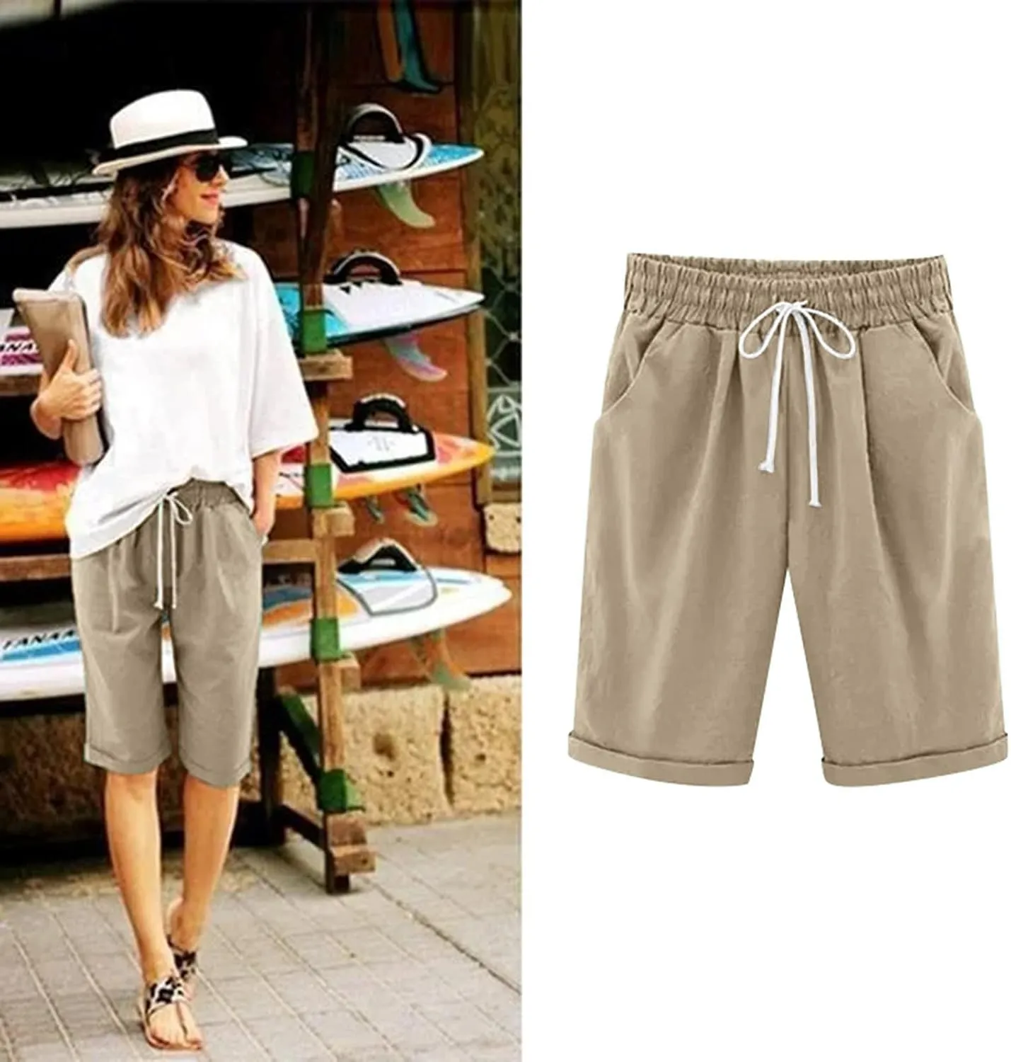 sdbrld Bermuda Shorts for Women,Womens Bermuda Shorts Casual Summer Drawstring Shorts High Waisted Cotton Athletic Shorts