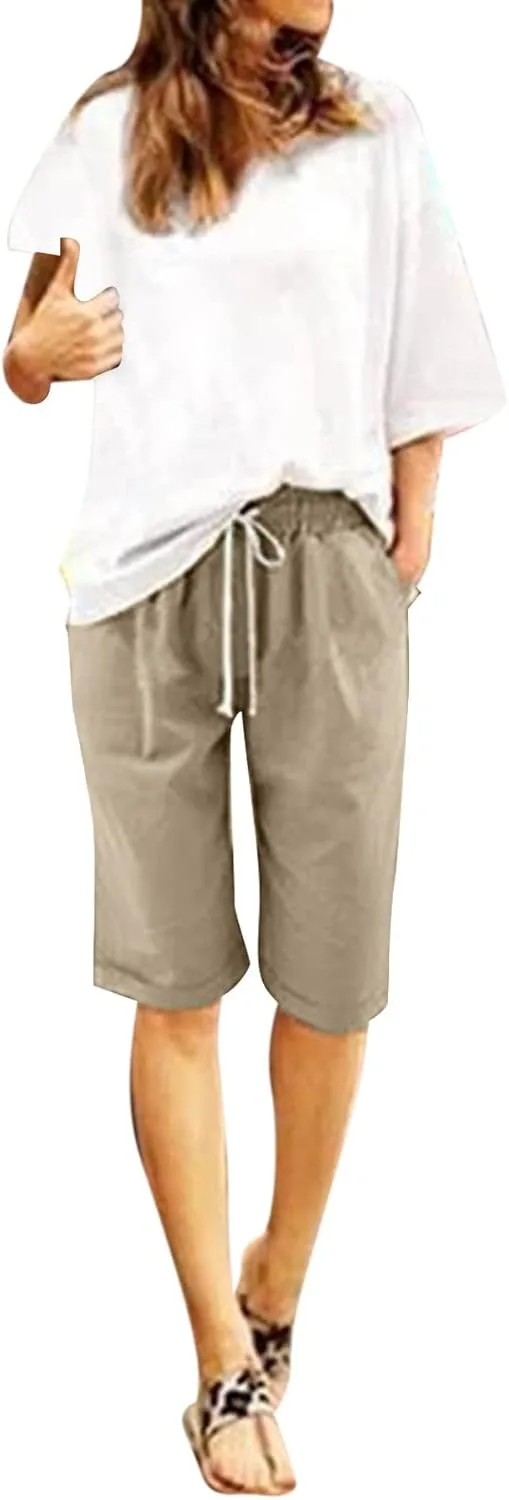 sdbrld Bermuda Shorts for Women,Womens Bermuda Shorts Casual Summer Drawstring Shorts High Waisted Cotton Athletic Shorts