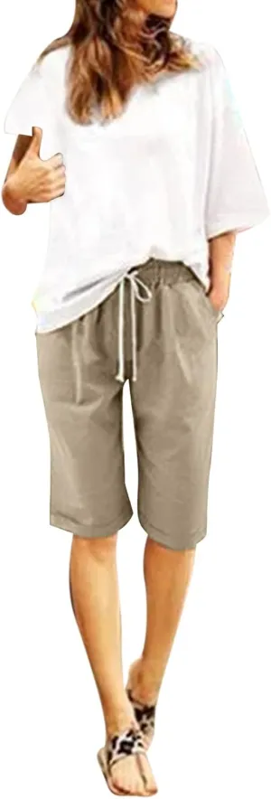 sdbrld Bermuda Shorts for Women,Womens Bermuda Shorts Casual Summer Drawstring Shorts High Waisted Cotton Athletic Shorts
