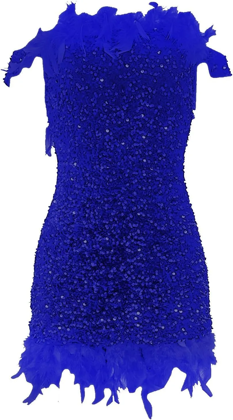 Sequin Feather Dress for Women Bodycon Short Dresses Off Shoulder Mini Dress Plus Size Club Party Night Outfits