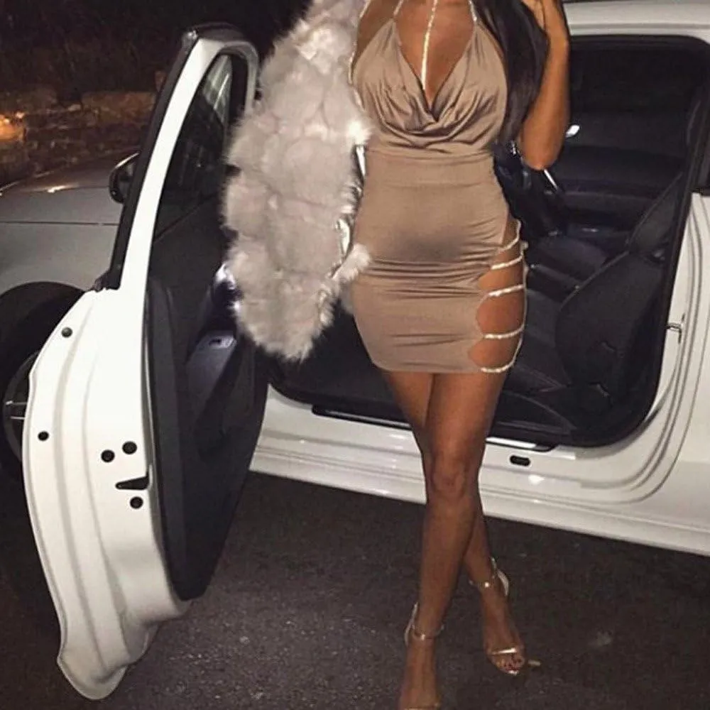 Sexy Deep Dress Neck Sequin Halter V Slit Bodycon Mini Backless Choker Womens Women's Dress Dresses Plus Size