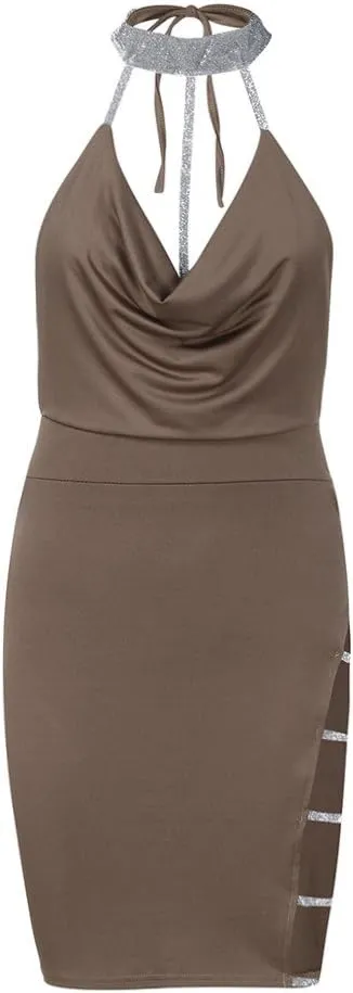 Sexy Deep Dress Neck Sequin Halter V Slit Bodycon Mini Backless Choker Womens Women's Dress Dresses Plus Size