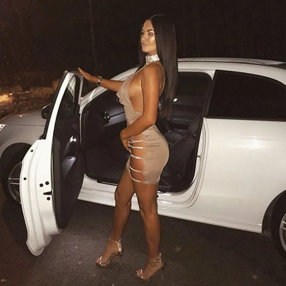 Sexy Deep Dress Neck Sequin Halter V Slit Bodycon Mini Backless Choker Womens Women's Dress Dresses Plus Size