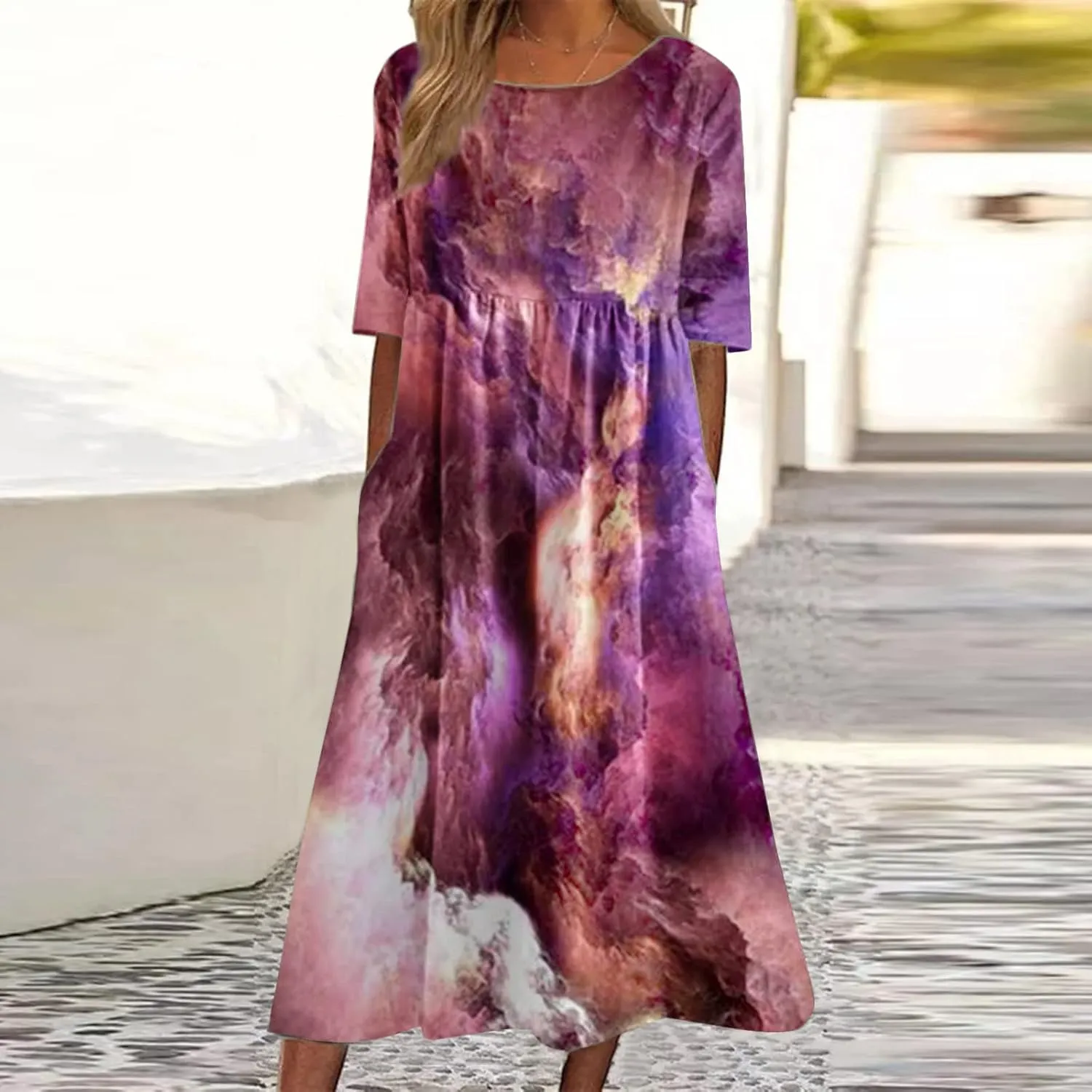 SGASY Muumuu Dresses for Women 2024 Plus Size Crewneck Sundress Beach Casual Short Sleeve Long Tunic Dress with Pockets