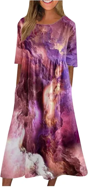 SGASY Muumuu Dresses for Women 2024 Plus Size Crewneck Sundress Beach Casual Short Sleeve Long Tunic Dress with Pockets