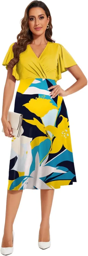 shengfan Women's Summer Short Sleeve Maxi Dresses Casual Deep V Neck Long Dress Club Party A-Line Dress