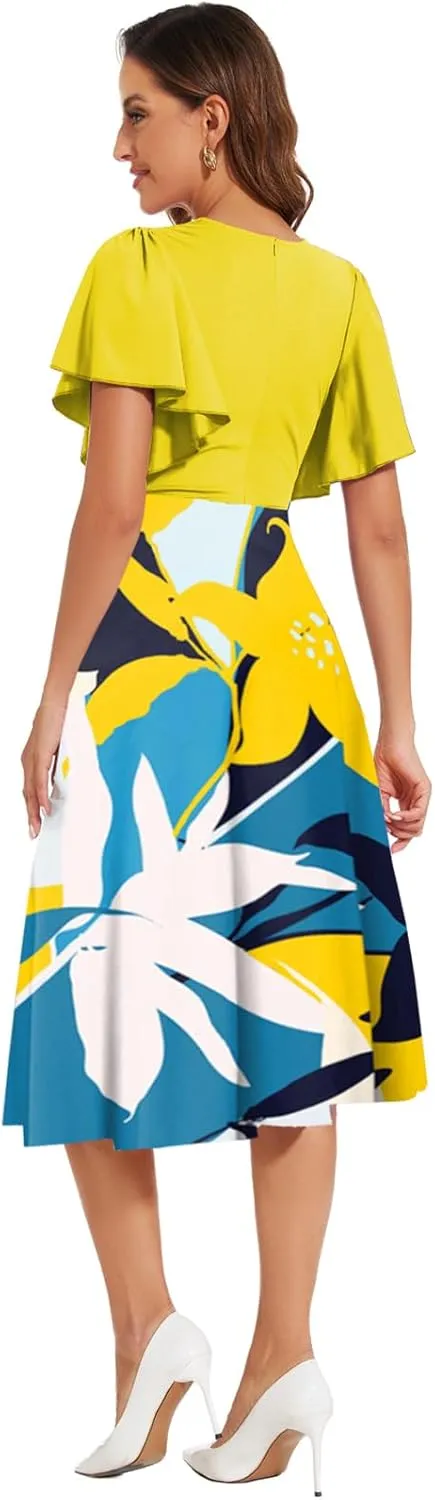 shengfan Women's Summer Short Sleeve Maxi Dresses Casual Deep V Neck Long Dress Club Party A-Line Dress
